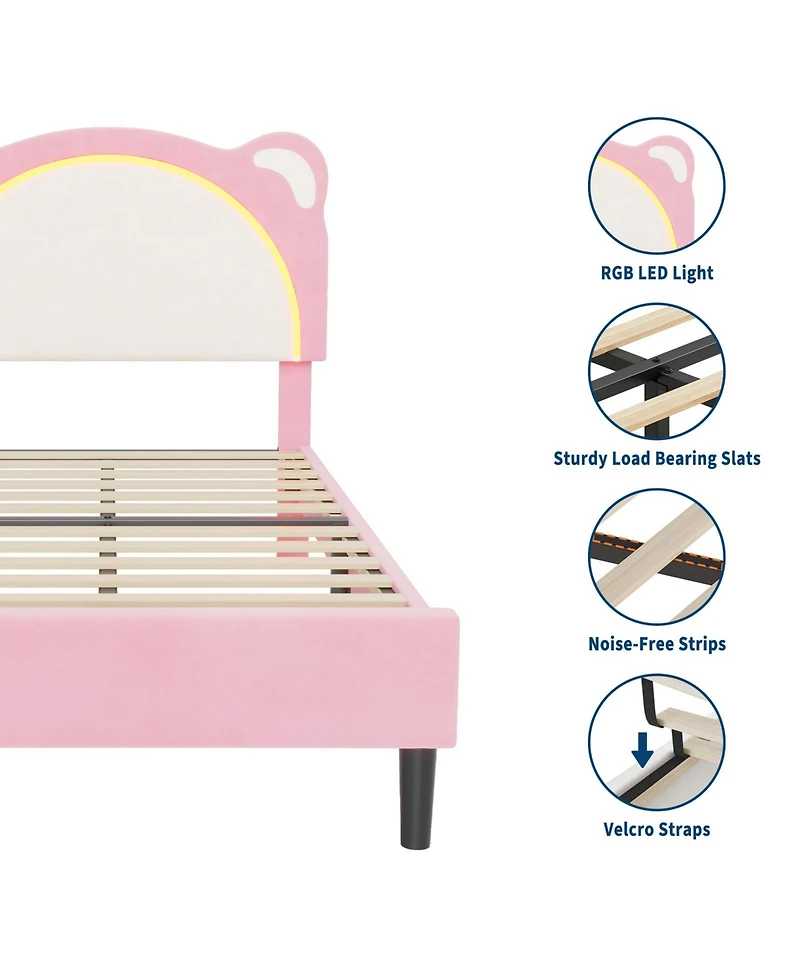 homfan Led Headboard Kids Bed Frame - Adjustable Cute Bear Design, Suede Upholstery, Storage Drawer, Plain Wood Slats, Noise-Free