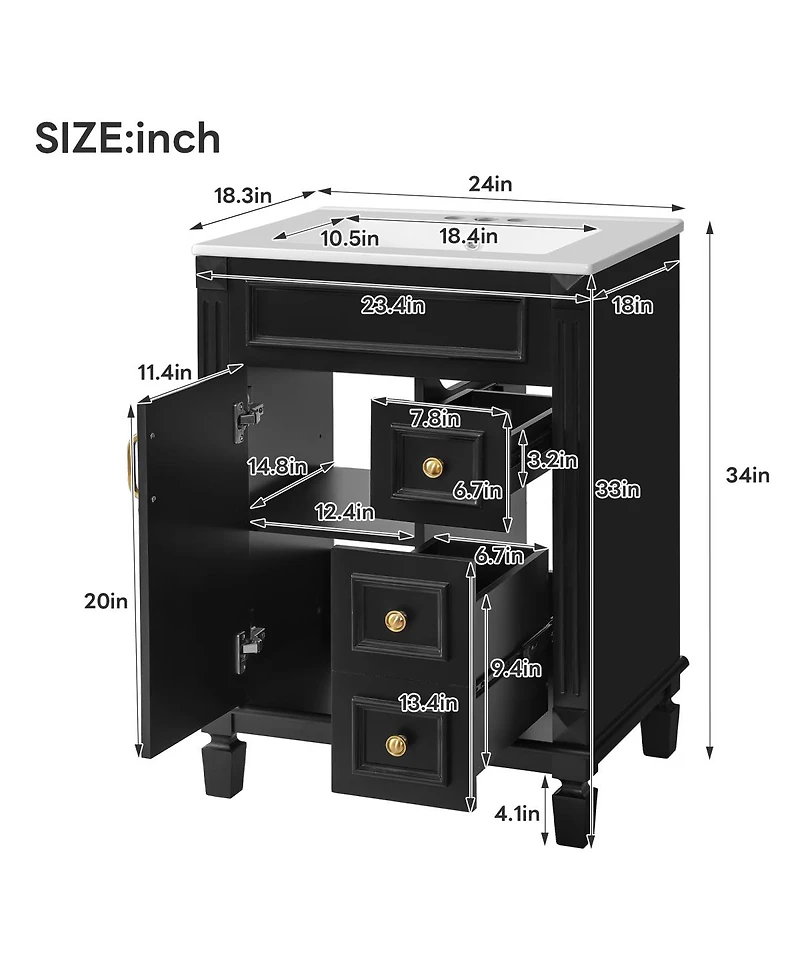 Sillysis 24 Inch French Freestanding Bathroom Vanity with Ceramic Sink, 2 Drawers and Adjustable Shelf for Small Spaces