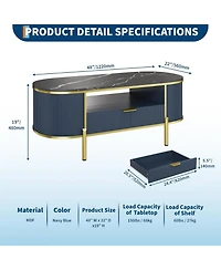 gaomon 48" Oval Coffee Table with Storage, Modern Luxury Coffee Table with Drawer and Faux Marble Top, Fluted Center Table with Curved Profile Design