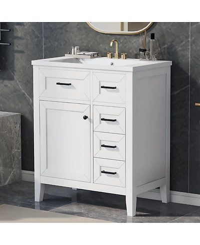 Sillysis 30 Inch Modern Bathroom Vanity with Ceramic Sink, Solid Wood, Multiple Drawers and Door Shelf for Stylish Bath