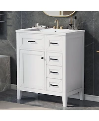 Sillysis 30 Inch Modern Bathroom Vanity with Ceramic Sink, Solid Wood, Multiple Drawers and Door Shelf for Stylish Bath