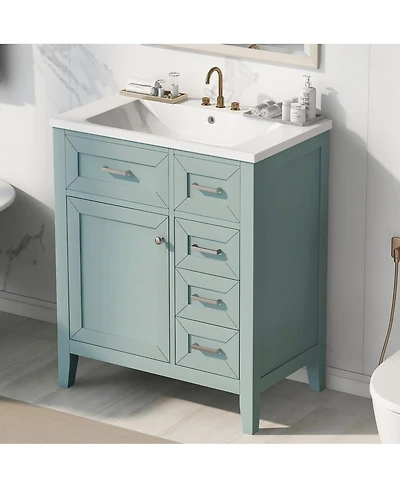 Sillysis 30 Inch Modern Bathroom Vanity with Ceramic Sink, Solid Wood, Multiple Drawers and Door Shelf for Stylish Bath
