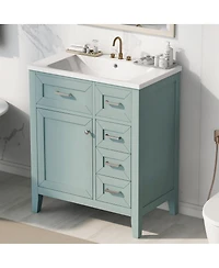 Sillysis 30 Inch Modern Bathroom Vanity with Ceramic Sink, Solid Wood, Multiple Drawers and Door Shelf for Stylish Bath