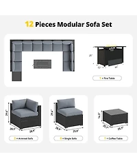 Aoxun 12-Piece Outdoor Wicker Patio Conversation Set with 44" Propane Fire Pit Table and Cushions