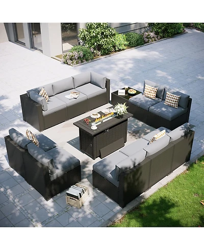 Aoxun 12-Piece Outdoor Wicker Patio Conversation Set with 44" Propane Fire Pit Table and Cushions