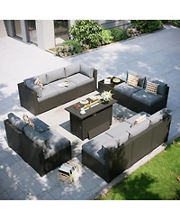 Aoxun 12-Piece Outdoor Wicker Patio Conversation Set with 44" Propane Fire Pit Table and Cushions