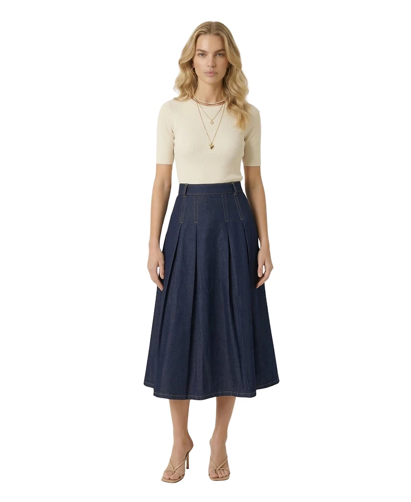 Modenaire Women's High-Waist Pleated A-Line Midi Skirt