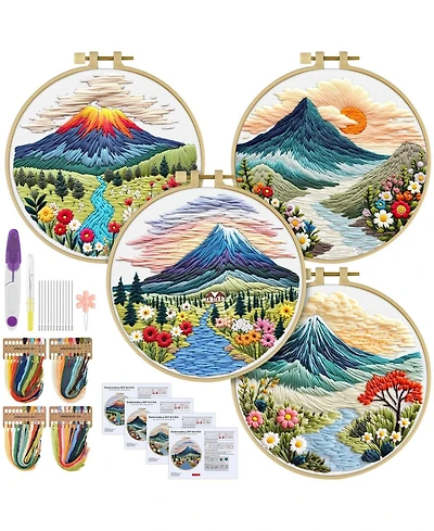 Gnuadz 4 Set Embroidery Kit Beginners Cross Stitch Cloth Hoops Threads Landscape