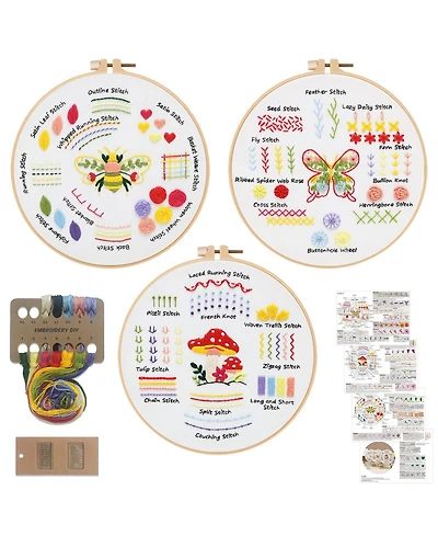 Gnuadz Embroidery Kit Beginners 3 Packs 30 Stitches Practice Tool Hoop Threads