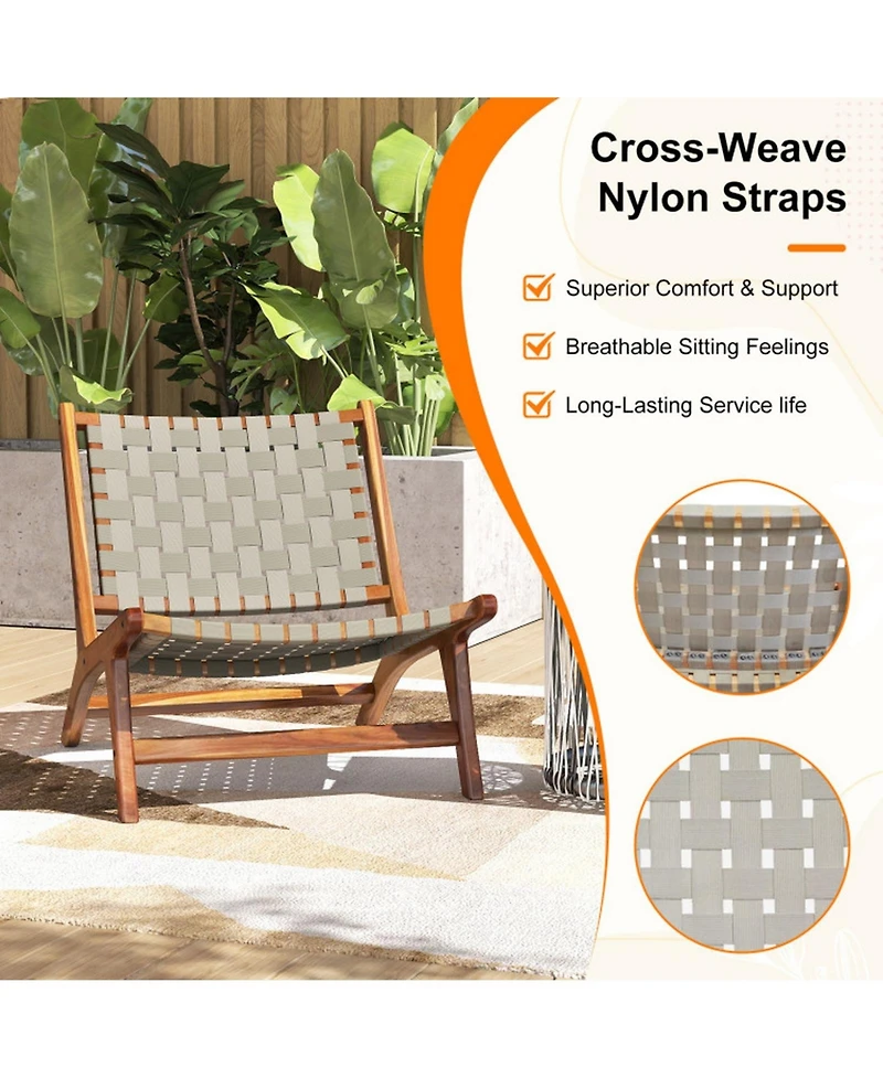Sugift Mid-Century Teak Wood Accent Chair with Nylon Webbing Seat
