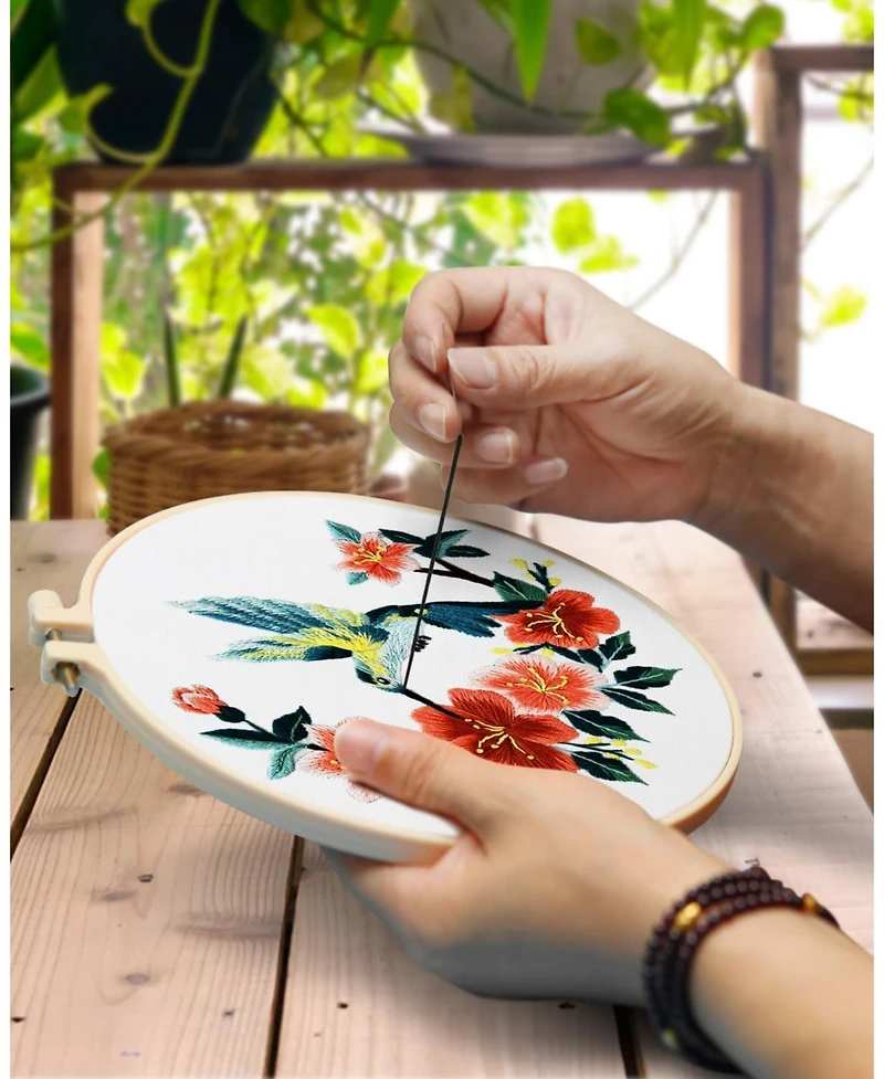 Gnuadz 9 Sets Embroidery Kit Beginner Hummingbird Butterfly Mushroom Flower Hoop Threads Techniques