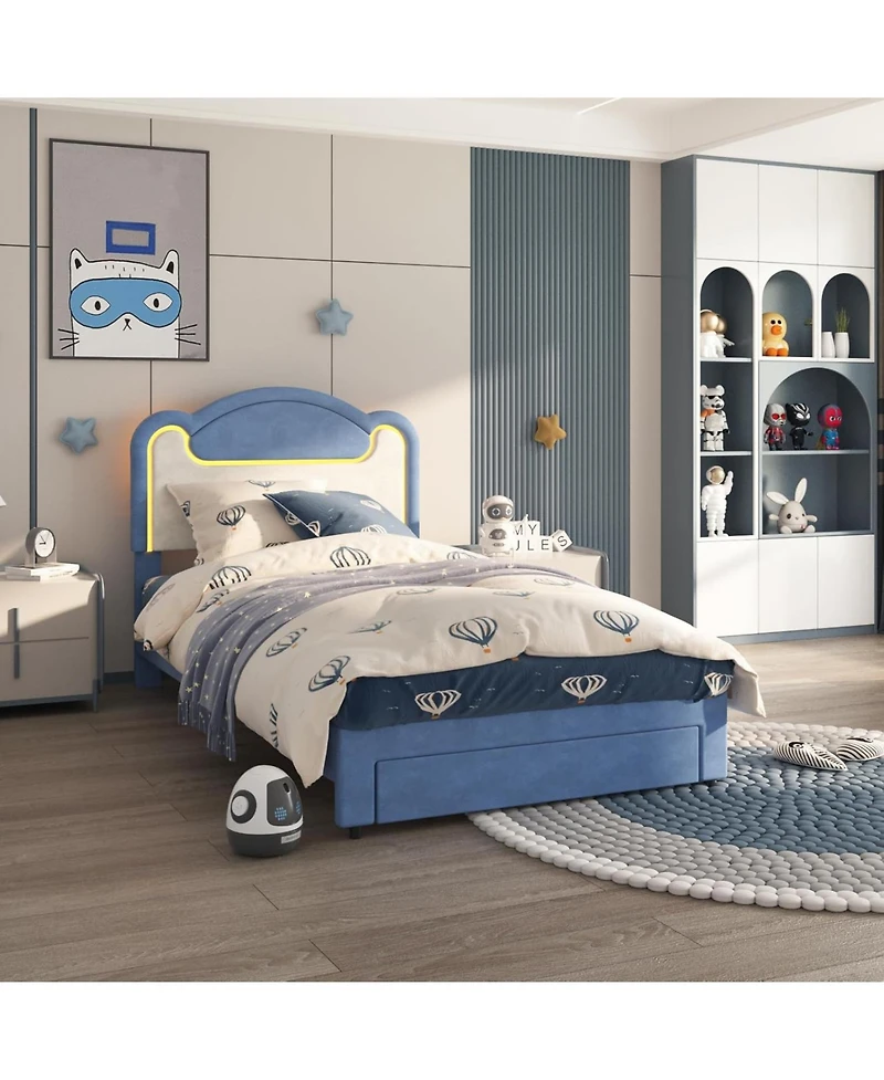 Princess Bed Frame for Girls with Led Light, Upholstered Headboard, Sturdy Wood Slats, No Box Spring Needed, Perfect for Kids
