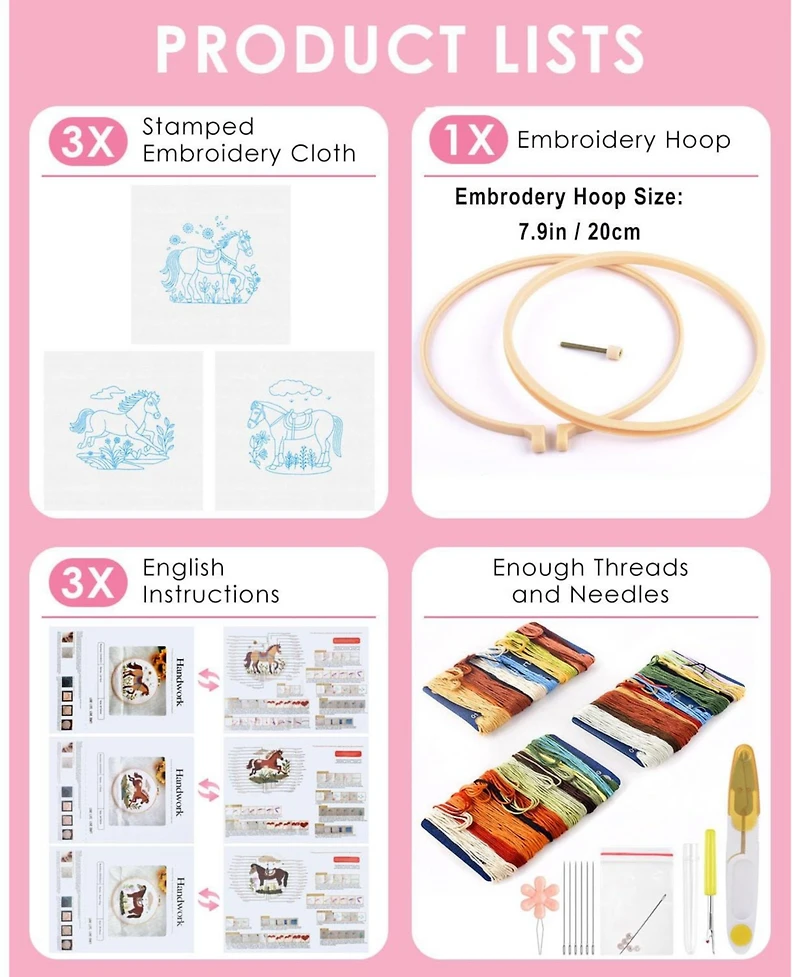 Gnuadz 3 Pack Embroidery Kit Horse Stamped Patterns Hoop Tools Threads