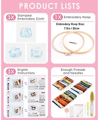 Gnuadz 3 Pack Embroidery Kit Horse Stamped Patterns Hoop Tools Threads