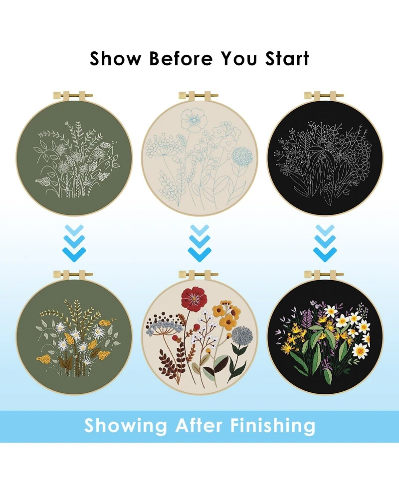 Gnuadz 3 Sets Embroidery Kit Floral Cross Stitch Cloth Hoops Threads Plants Flowers