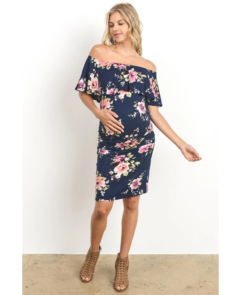 Hello Miz Maternity Bodycon Off-the-Shoulder Floral Ruffle Dress