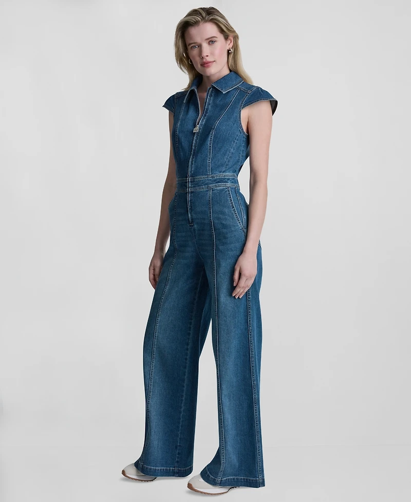 Dkny Jeans Women's Wide-Leg Cap-Sleeve Denim Jumpsuit