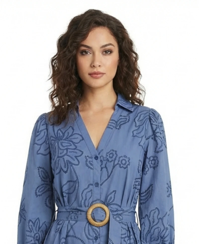 London Times Petite Belted Embroidered Collared Shirt Dress