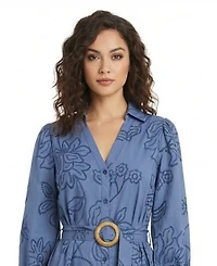 London Times Petite Belted Embroidered Collared Shirt Dress