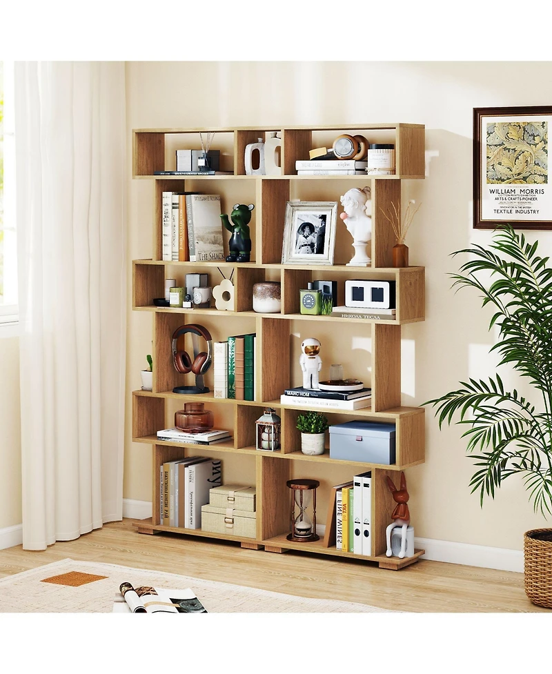 Gymax 2- Piece 6-Tier Bookshelf with 2 Anti-Tipping Kits Wooden Display Shelf for Home Office