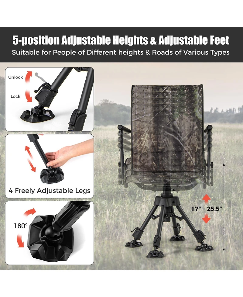 Gouun Folding 360-Degree Swivel Camping Chair with 4 Adjustable Legs and Portable Carry Design
