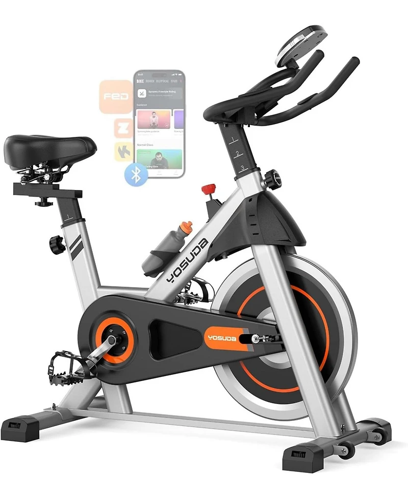 Fed Fitness Friction 1.0 Stationary Bike, 300lb Capacity Brake Pad Exercise Bike with App, Tablet Holder and Fitness Courses for Home Workout