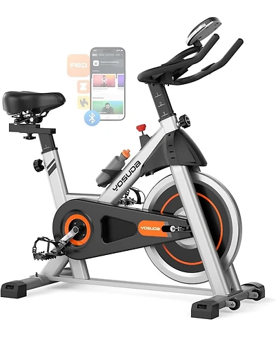 Fed Fitness Friction 1.0 Stationary Bike, 300lb Capacity Brake Pad Exercise Bike with App, Tablet Holder and Fitness Courses for Home Workout