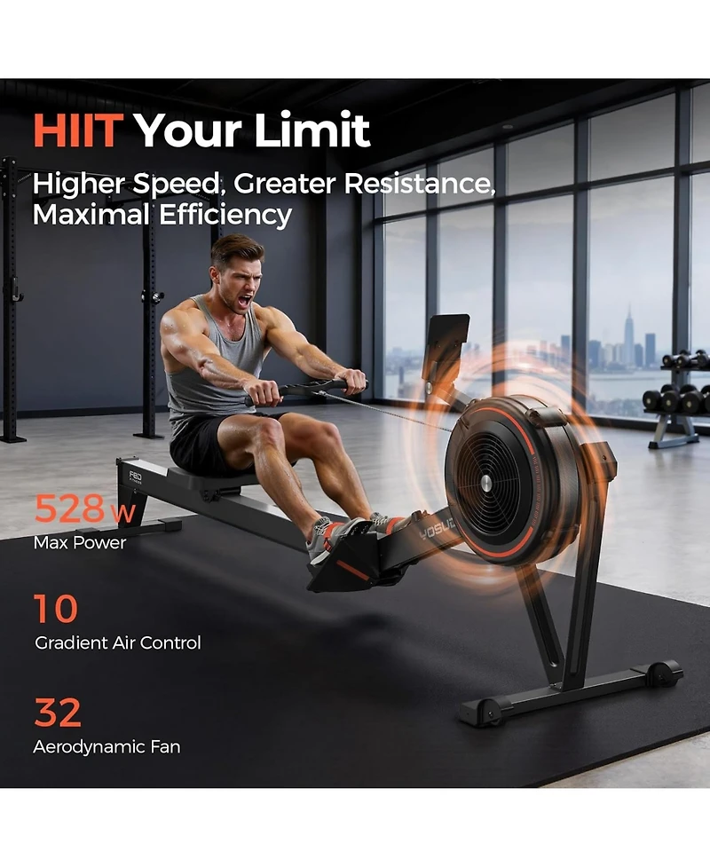 Fed Fitness Adjustable Air Resistance Rowing Machine for Home Use, Self-Powered Rower with 53.7'' Rail, Ergonomic Comfort Seat and Easy Storage