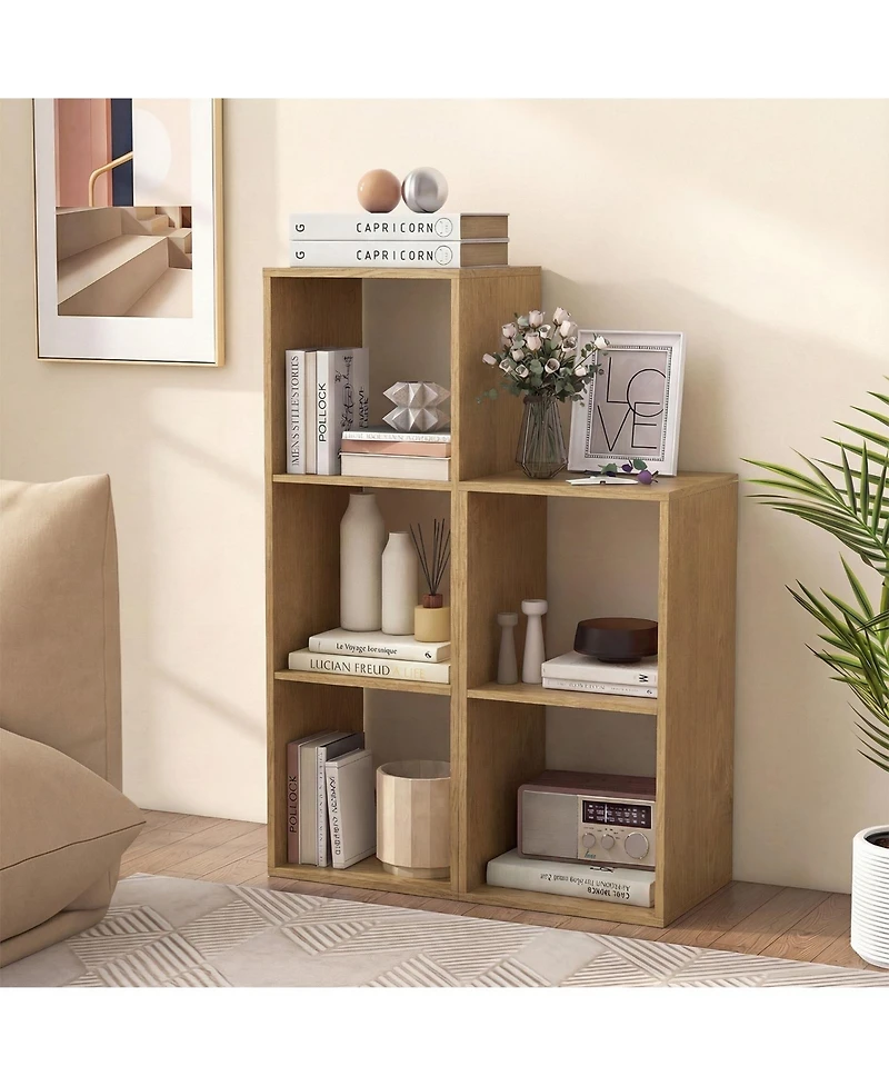 Gymax 2 Piece 3-Cube Bookshelf Vertical Bookcase with Guardrail and Anti-tipping Kits