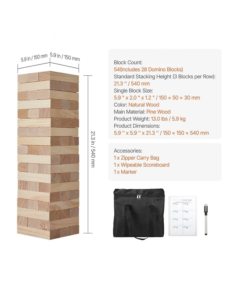 Mecale Large Tumbling Tower 54 Pine Wood Blocks with Carry Bag and Scoreboard