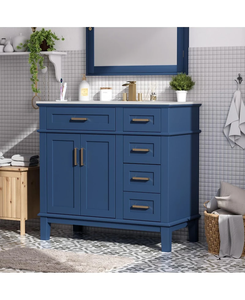 Sillysis 36" Modern Bathroom Vanity with Sink, Freestanding Solid Wood Cabinet, Soft Close Drawers for Home
