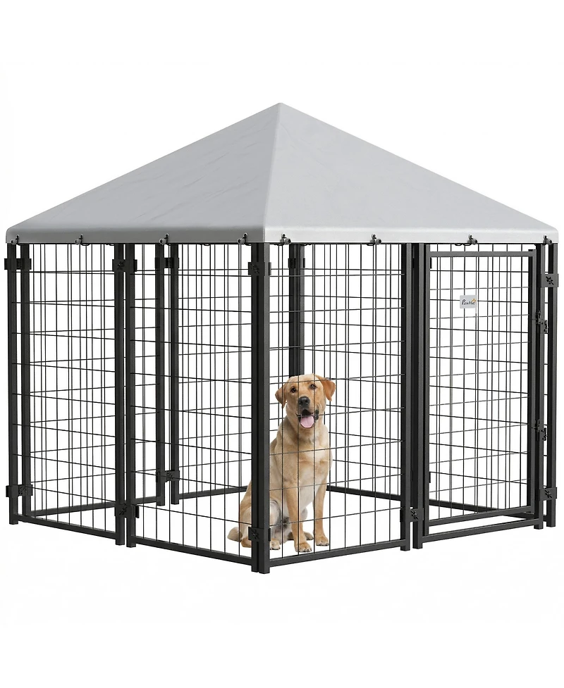 Paw Hut Lockable Dog House Kennel with Water-resistant Roof for Small and Medium Sized Pets, 4.6' x 4.6' x 5'