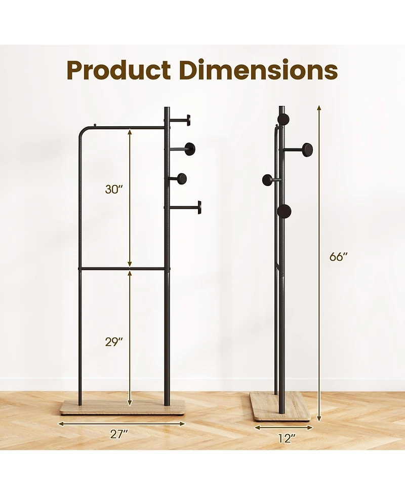 Slickblue Freestanding Double Rod Clothing Rack with Wooden Hooks for Closet Organization
