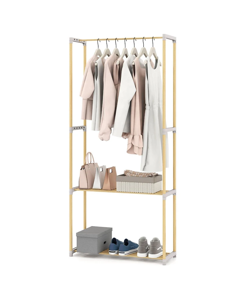Slickblue Pine Wood Clothing Rack with Open 2 Tier Shelves and Hanging Bar for Bedroom Storage