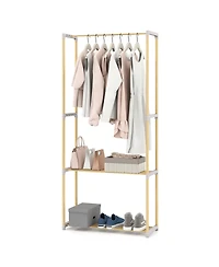 Slickblue Pine Wood Clothing Rack with Open 2 Tier Shelves and Hanging Bar for Bedroom Storage