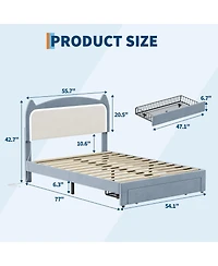 homfan Kids Bed Frame with Cat Headboard, Upholstered Princess Sturdy Wood Slats Support