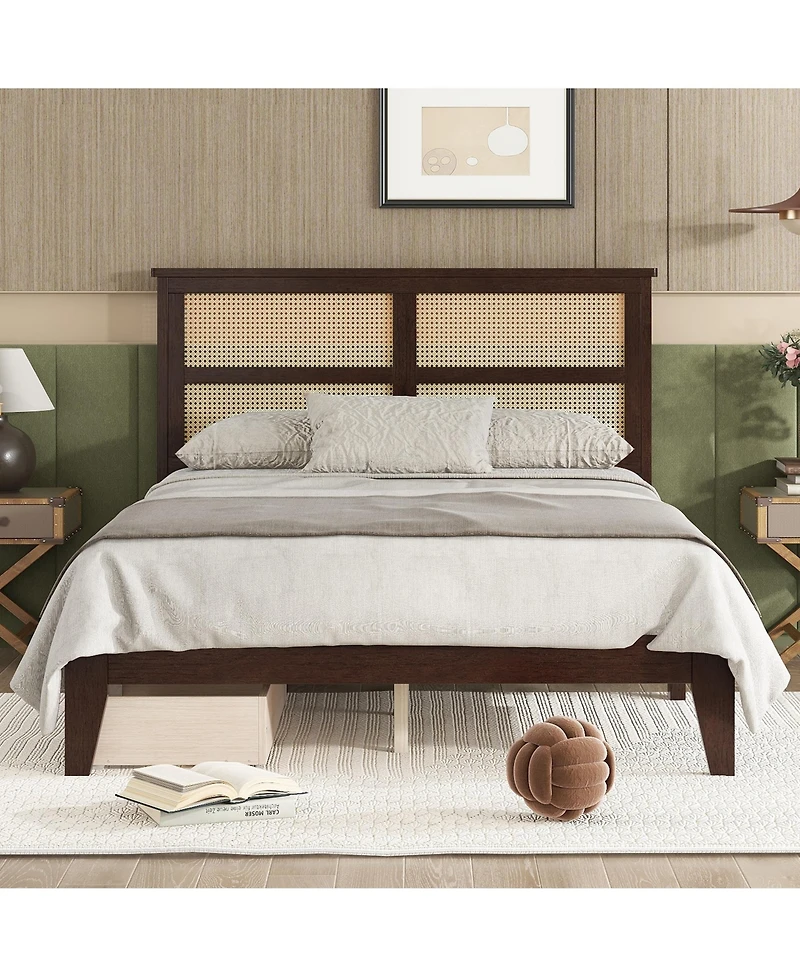 Sailvan Bed with Rattan Headboard, 2 Drawers, Rubber Wood Support Slats and Feet