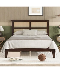 Sailvan Bed with Rattan Headboard, 2 Drawers, Rubber Wood Support Slats and Feet