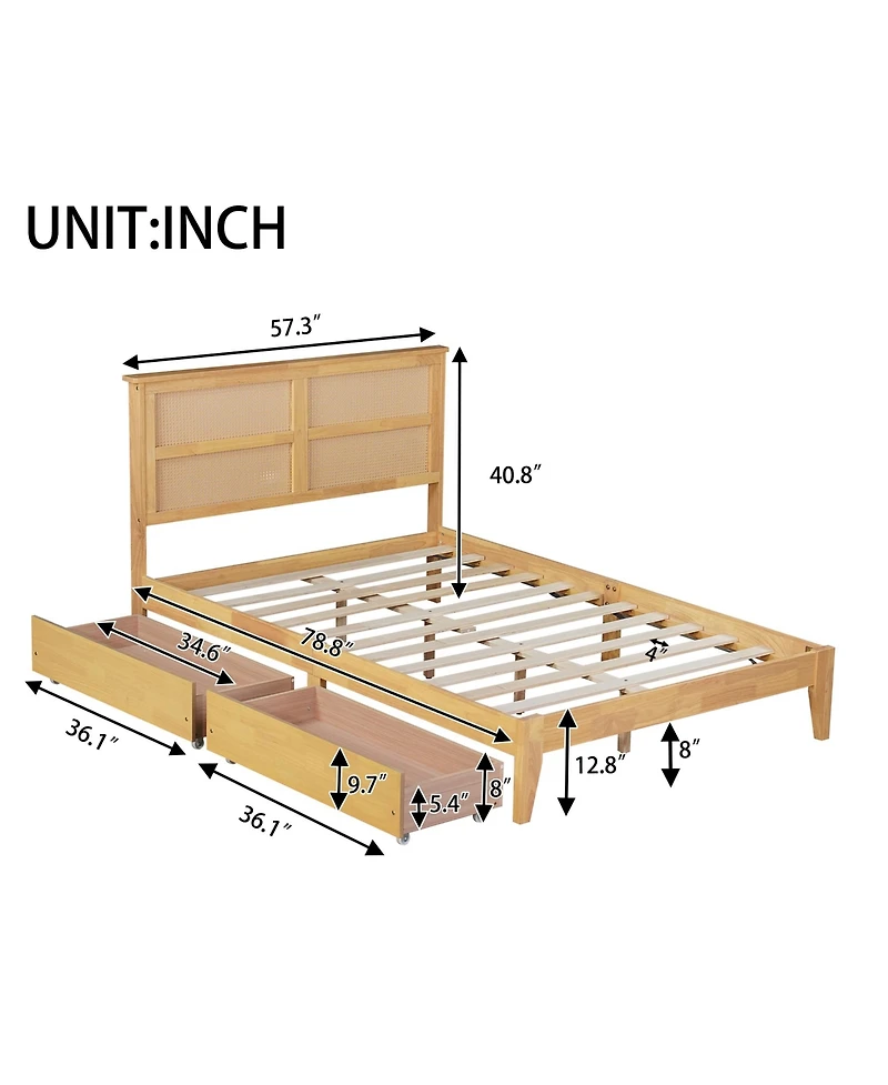 Sailvan Bed with Rattan Headboard, 2 Drawers, Rubber Wood Support Slats and Feet