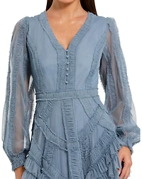 Mac Duggal Petite Long Sleeve V Neck Mesh Micro Ruffle Midi Dress