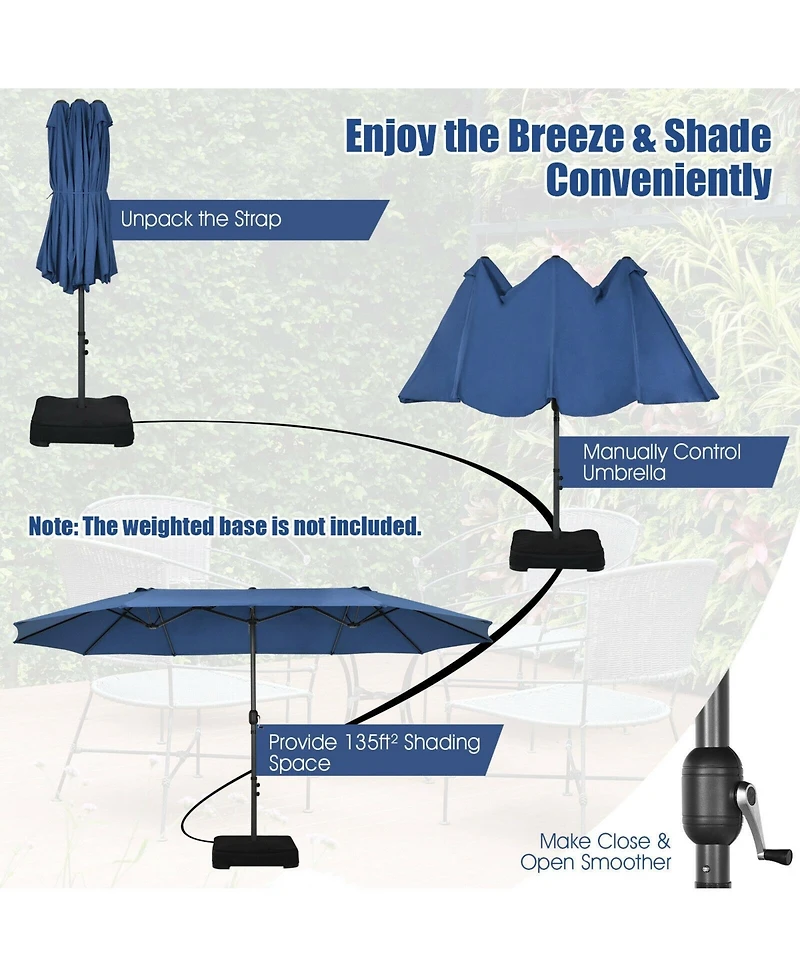 Gouun 15 feet Double-Sided Patio Umbrella with Hand-Crank System and 12-Rib Frame