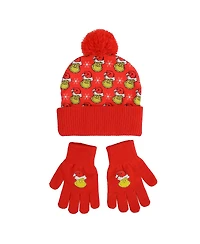 The Grinch Boys All-Over Character Print Youth 2-Piece Knit Beanie and Gloves Set