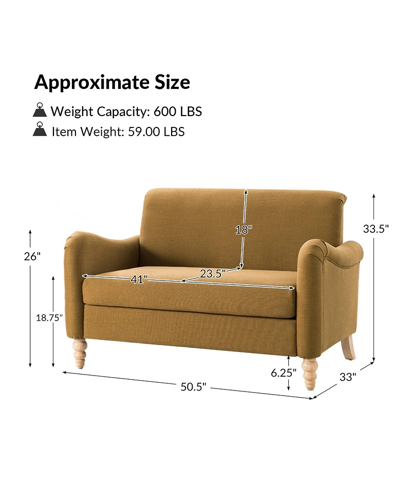 Hulala Home Terren 50.5"W Farmhouse Linen Upholstery Loveseat With Solid Wood Spindle Legs