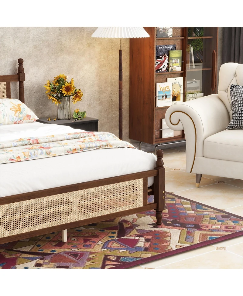 Sailvan Queen Pine wooden Bed with Rattan Headboard and Footboard, Central Enhanced Platform