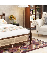 Sailvan Queen Pine wooden Bed with Rattan Headboard and Footboard, Central Enhanced Platform
