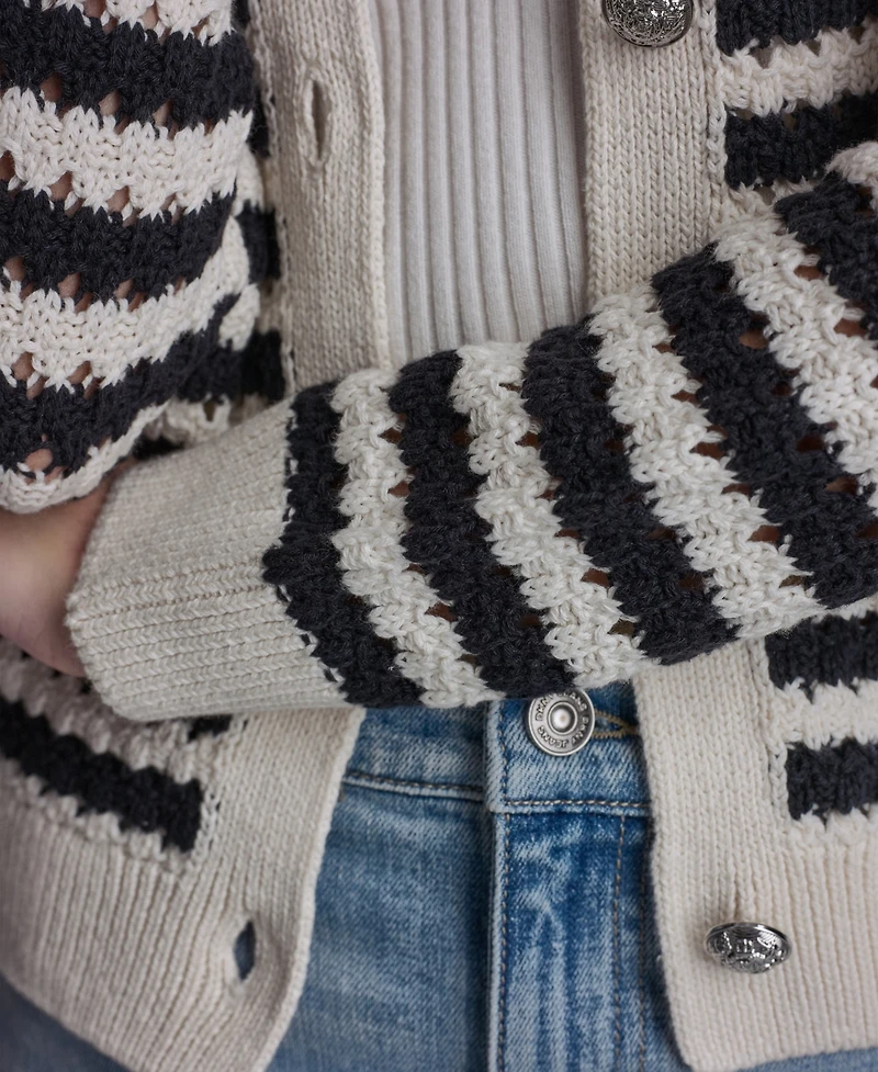 Dkny Jeans Petite Long-Sleeve Stripe Pointelle Stitch Cardigan