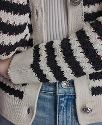 Dkny Jeans Petite Long-Sleeve Stripe Pointelle Stitch Cardigan