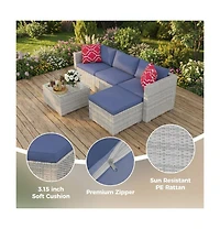 GarveeLife 5 Piece Outdoor Convertible Sectional Set with Ottoman and Tempered Glass Table, Pe Rattan Conversation Seating