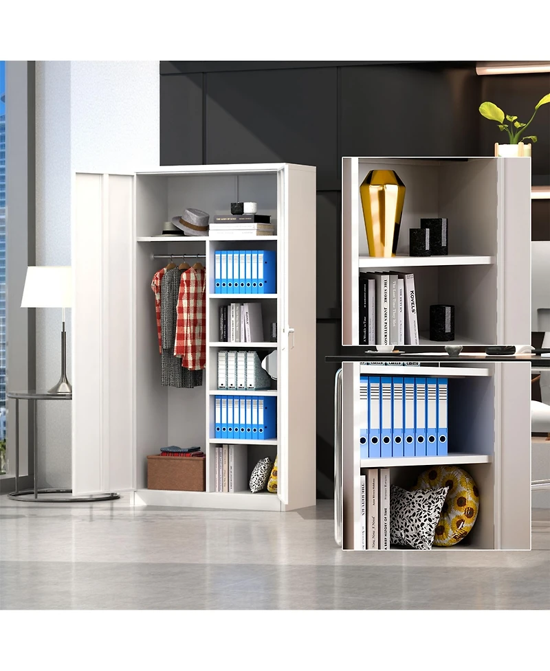 Aobabo Metal Storage Cabinet with 3 Adjustable Shelves and 1 Cloth Rail, White