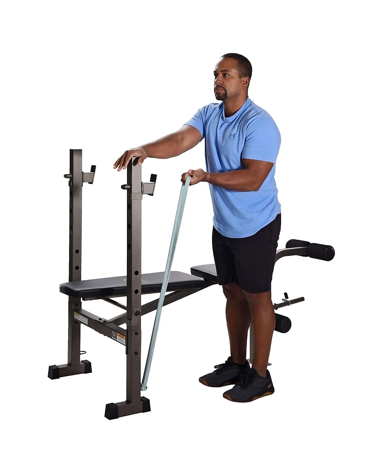 Stamina Adjustable Steel Weights Bench and Barbell Rack Combo Set with Resistance Band Anchor Points for Home Gym Workout or Exercise, Black